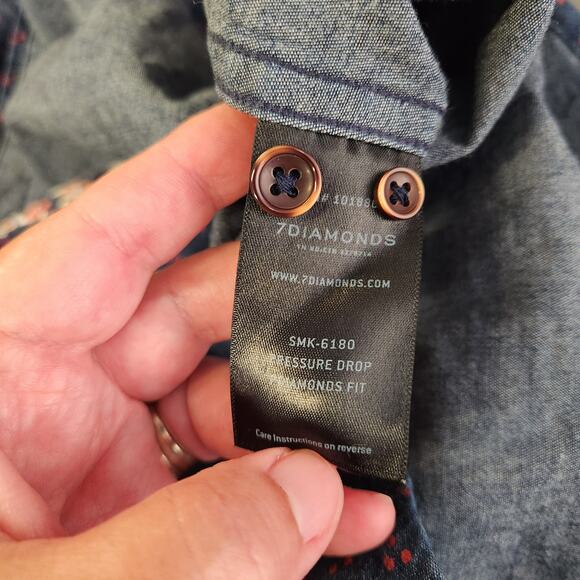 7 DIAMONDS Denim Stretch SS Button Down Mens M Navy Blue Red Geometric  Casual - Picture 5 of 10